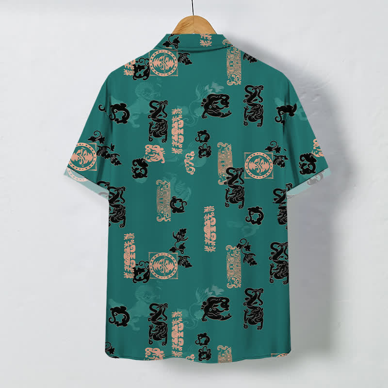Buddha Stones Chemise à manches courtes respirante pour homme, à boutons et motif lettres turquoise vintage - image 1