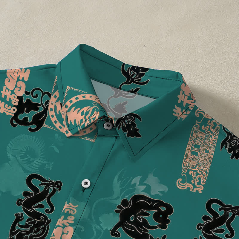 Buddha Stones Chemise à manches courtes respirante pour homme, à boutons et motif lettres turquoise vintage - image 2