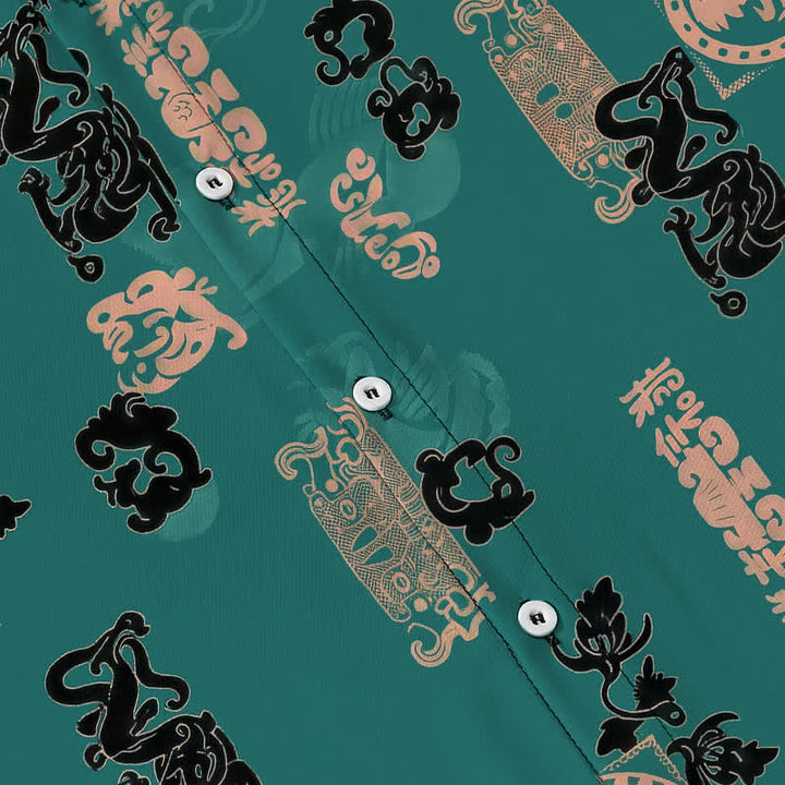 Buddha Stones Chemise à manches courtes respirante pour homme, à boutons et motif lettres turquoise vintage - image 3