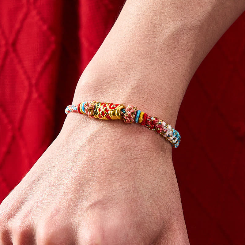 Buddha Stones Bracelet en corde tressée à la main avec motif de carpes koï et fleurs de pêcher, symbole de réussite. - image 4