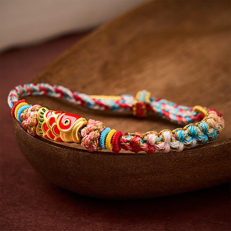 Buddha Stones Bracelet en corde tressée à la main avec motif de carpes koï et fleurs de pêcher, symbole de réussite. - image 3