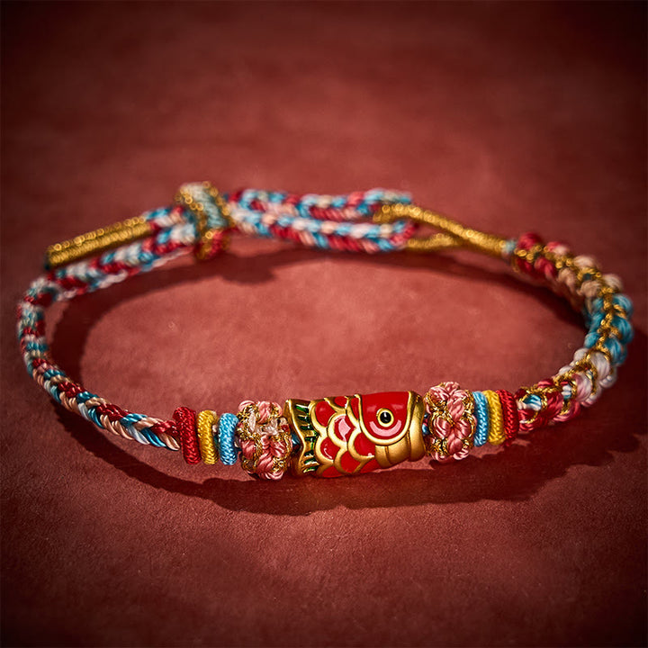 Buddha Stones Bracelet en corde tressée à la main avec motif de carpes koï et fleurs de pêcher, symbole de réussite. - image 1