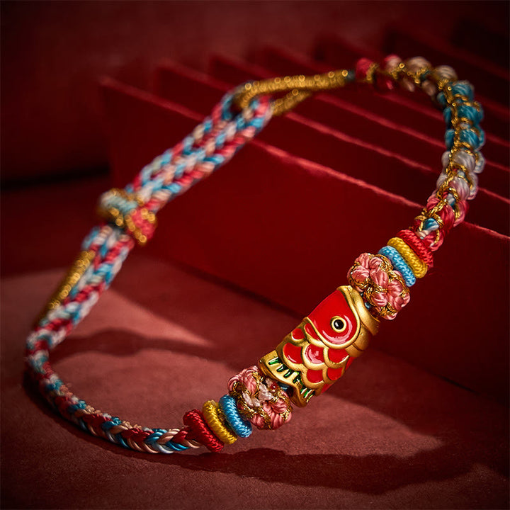 Buddha Stones Bracelet en corde tressée à la main avec motif de carpes koï et fleurs de pêcher, symbole de réussite. - image 2