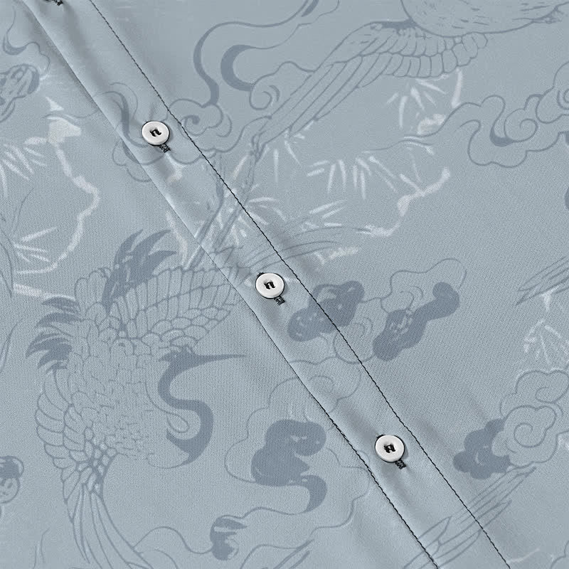 Buddha Stones Chemise à manches courtes respirante pour homme avec boutons à motif de grue dans les nuages - image 3