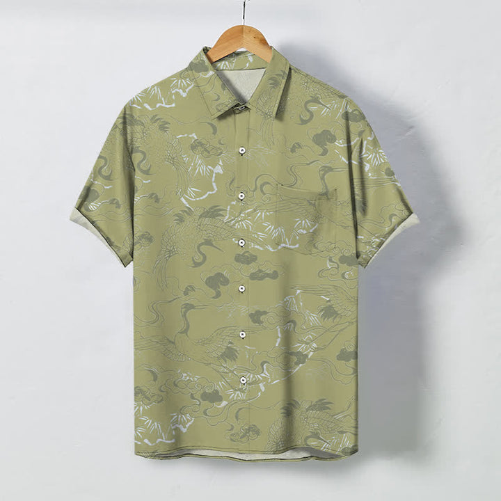 Buddha Stones Chemise à manches courtes respirante pour homme avec boutons à motif de grue dans les nuages - JauneVert - US/UK/AU48，EU58 (4XL) - image 5