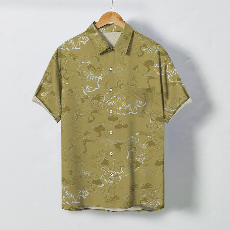 Buddha Stones Chemise à manches courtes respirante pour homme avec boutons à motif de grue dans les nuages - Kaki foncé - US/UK/AU48，EU58 (4XL) - image 7