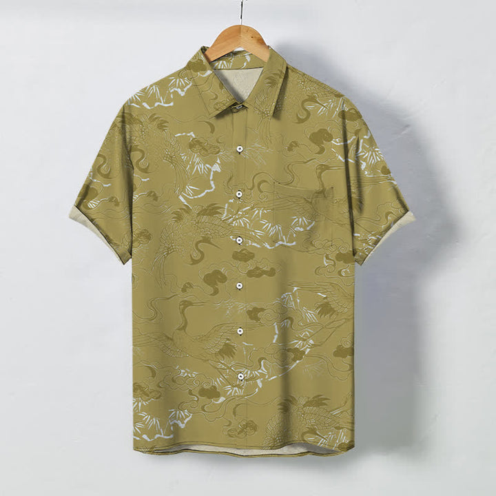 Buddha Stones Chemise à manches courtes respirante pour homme avec boutons à motif de grue dans les nuages - Kaki foncé - US/UK/AU48，EU58 (4XL) - image 7
