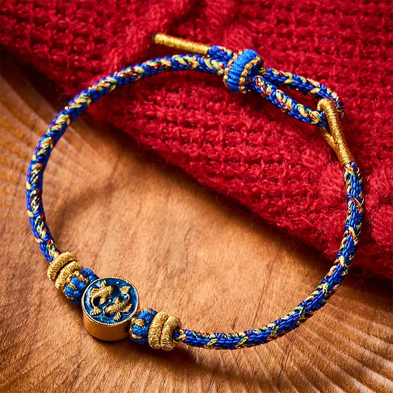 Buddha Stones Bracelet en corde tressée à la main avec double motif de carpes koï dorées, résistant et solide - image 1