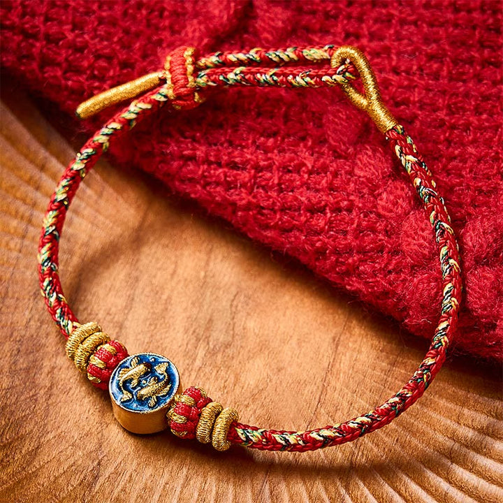 Buddha Stones Bracelet en corde tressée à la main avec double motif de carpes koï dorées, résistant et solide - Rouge (Tour de poignet : 14-19 cm) - image 14