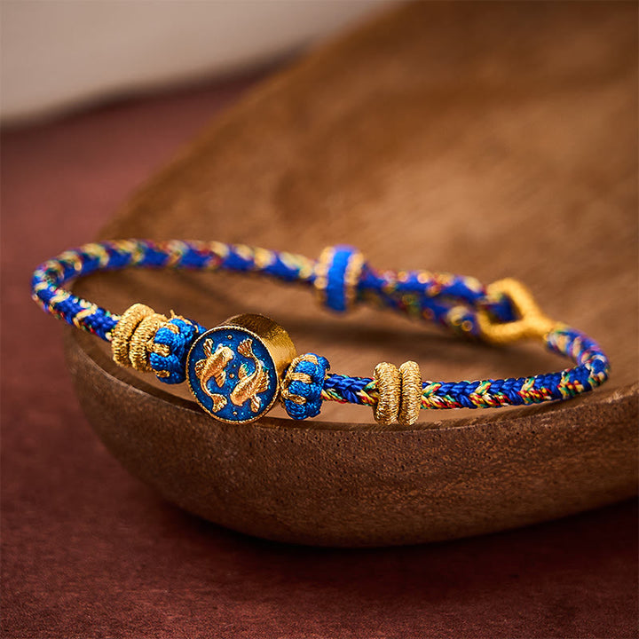 Buddha Stones Bracelet en corde tressée à la main avec double motif de carpes koï dorées, résistant et solide - image 3