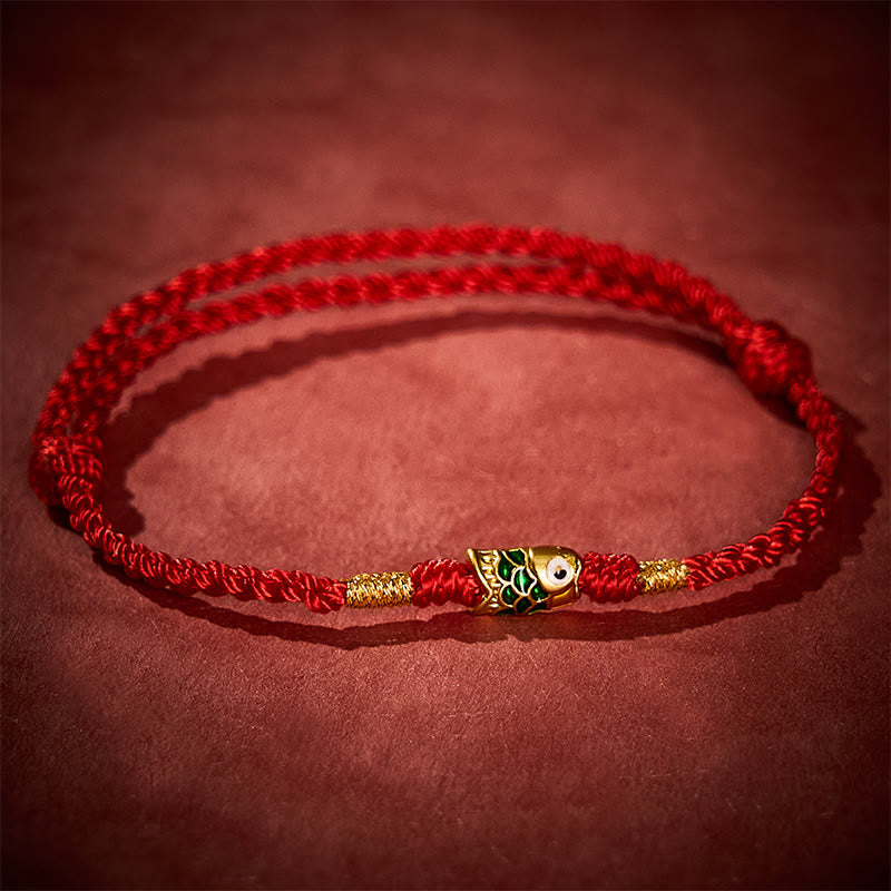 Buddha Stones Bracelet en corde tressée à la main avec motif de carpes koï et porte-bonheur - Rouge (Tour de poignet : 14-19 cm) - image 0