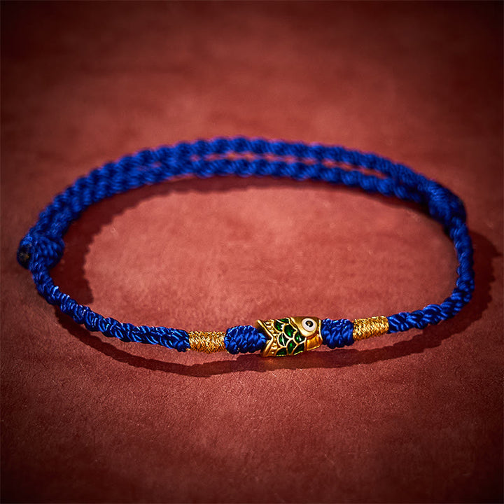 Buddha Stones Bracelet en corde tressée à la main avec motif de carpes koï et porte-bonheur - Bleu (Tour de poignet : 14-19 cm) - image 7