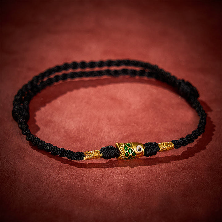 Buddha Stones Bracelet en corde tressée à la main avec motif de carpes koï et porte-bonheur - Noir (Tour de poignet : 14-19 cm) - image 9