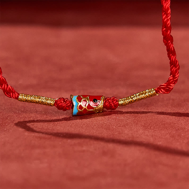 Buddha Stones Bracelet ajustable en cuivre avec breloques en forme de carpe koï et fil rouge tissé à la main - image 5