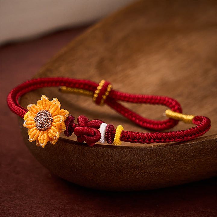 Buddha Stones Bracelet porte-bonheur tournesol en fil rouge tissé à la main - Rouge (Tour de poignet : 14-19 cm) - image 0