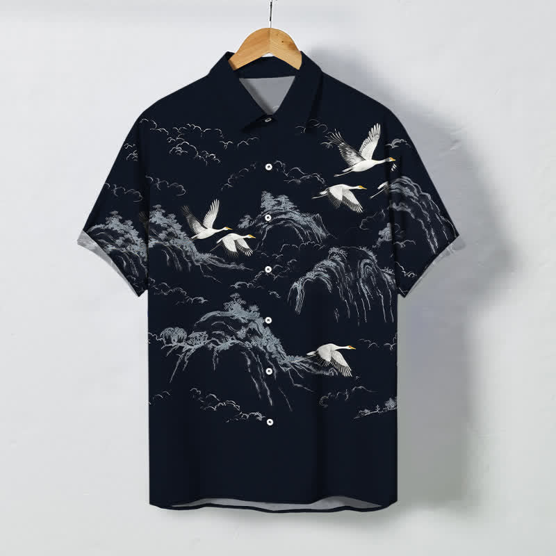 Buddha Stones Chemise à manches courtes respirante pour homme, motif nuage et grues de montagne à l'encre - Marine - US/UK/AU48，EU58 (4XL) - image 0