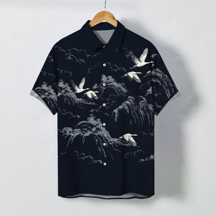 Buddha Stones Chemise à manches courtes respirante pour homme, motif nuage et grues de montagne à l'encre - Marine - US/UK/AU48，EU58 (4XL) - image 0