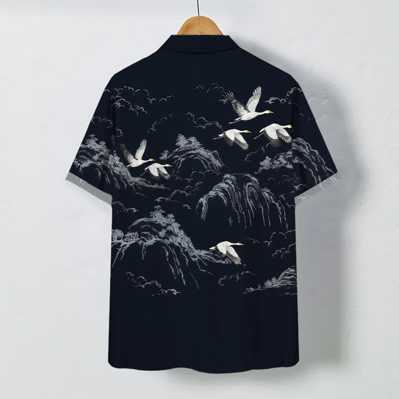 Buddha Stones Chemise à manches courtes respirante pour homme, motif nuage et grues de montagne à l'encre - image 1