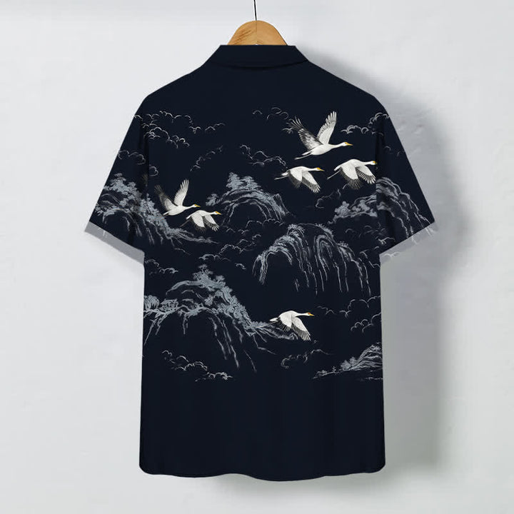 Buddha Stones Chemise à manches courtes respirante pour homme, motif nuage et grues de montagne à l'encre - image 1