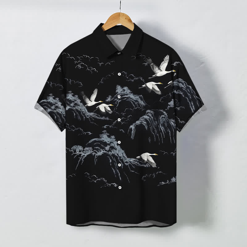 Buddha Stones Chemise à manches courtes respirante pour homme, motif nuage et grues de montagne à l'encre - Noir - US/UK/AU48，EU58 (4XL) - image 5