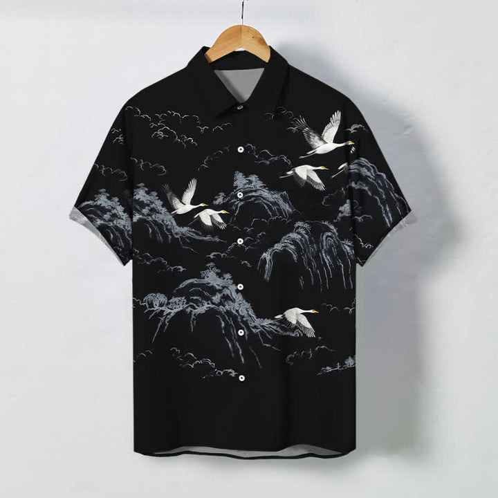 Buddha Stones Chemise à manches courtes respirante pour homme, motif nuage et grues de montagne à l'encre - Noir - US/UK/AU48，EU58 (4XL) - image 5