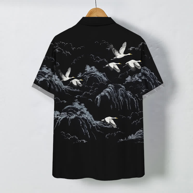 Buddha Stones Chemise à manches courtes respirante pour homme, motif nuage et grues de montagne à l'encre - image 6