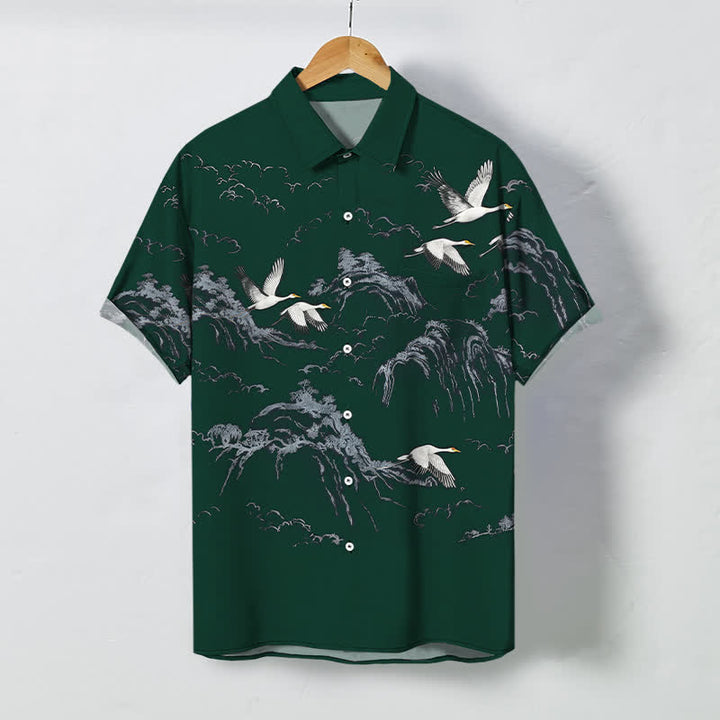 Buddha Stones Chemise à manches courtes respirante pour homme, motif nuage et grues de montagne à l'encre - Vert foncé - US/UK/AU48，EU58 (4XL) - image 7