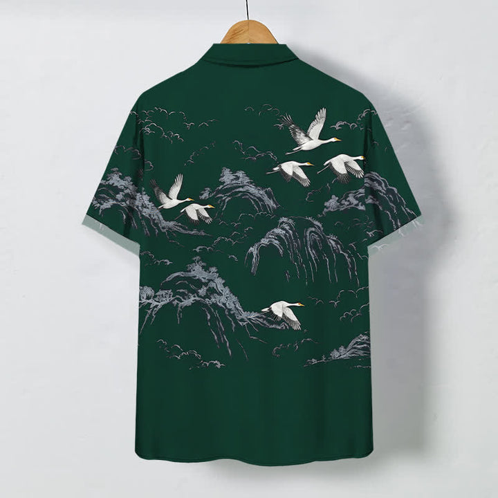Buddha Stones Chemise à manches courtes respirante pour homme, motif nuage et grues de montagne à l'encre - image 8