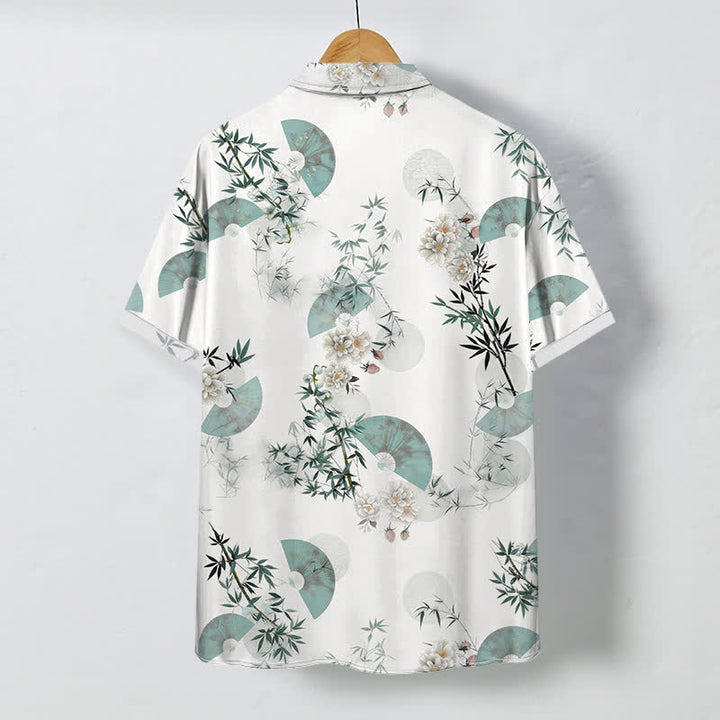 Buddha Stones Chemise à manches courtes respirante pour homme, motif fleurs de bambou et menthe, boutons - image 1