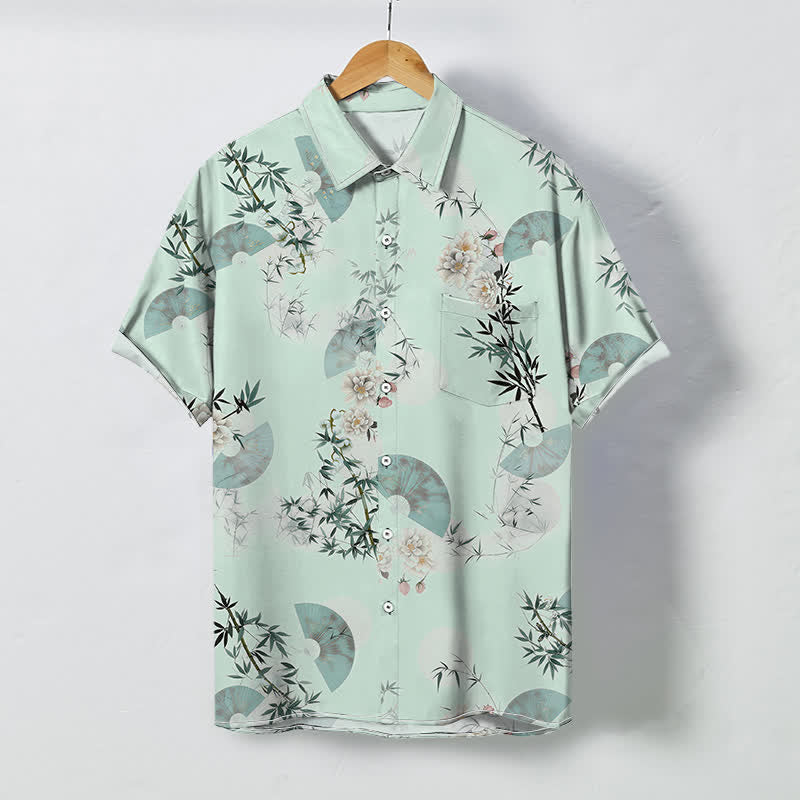 Buddha Stones Chemise à manches courtes respirante pour homme, motif fleurs de bambou et menthe, boutons - Melon miellat - US/UK/AU48，EU58 (4XL) - image 3