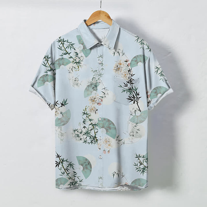 Buddha Stones Chemise à manches courtes respirante pour homme, motif fleurs de bambou et menthe, boutons - Bleu clair - US/UK/AU48，EU58 (4XL) - image 5