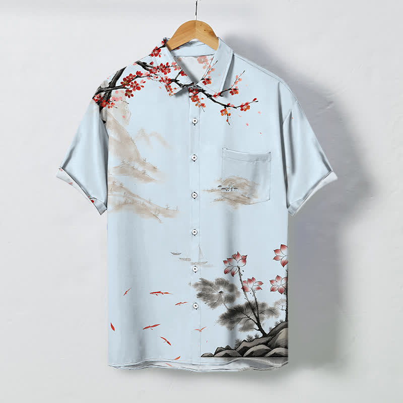 Buddha Stones Chemise à manches courtes respirante pour homme, motif floral rouge et paysage à l'encre - Bleu poudré - US/UK/AU48，EU58 (4XL) - image 3