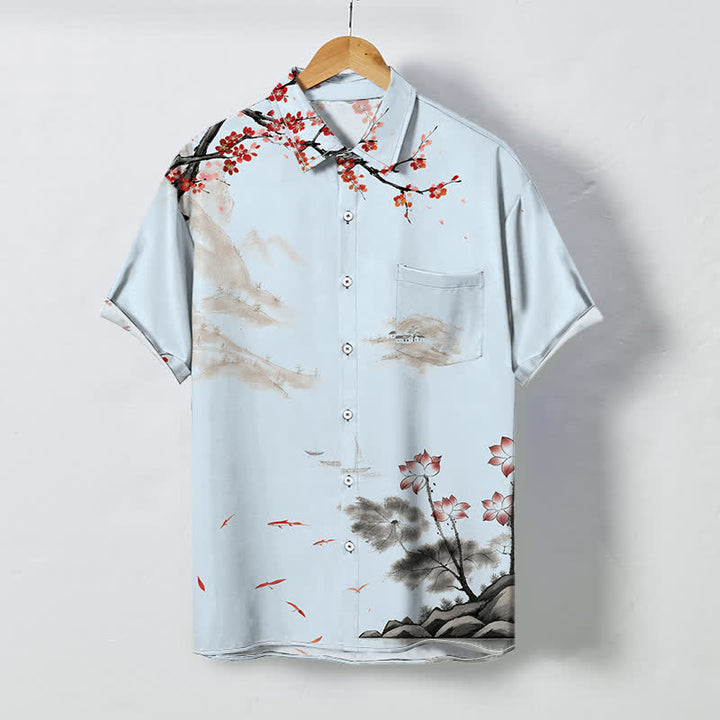 Buddha Stones Chemise à manches courtes respirante pour homme, motif floral rouge et paysage à l'encre - Bleu poudré - US/UK/AU48，EU58 (4XL) - image 3