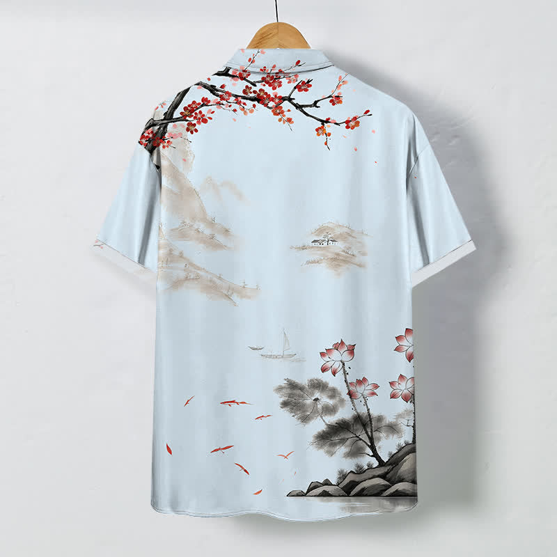 Buddha Stones Chemise à manches courtes respirante pour homme, motif floral rouge et paysage à l'encre - image 4