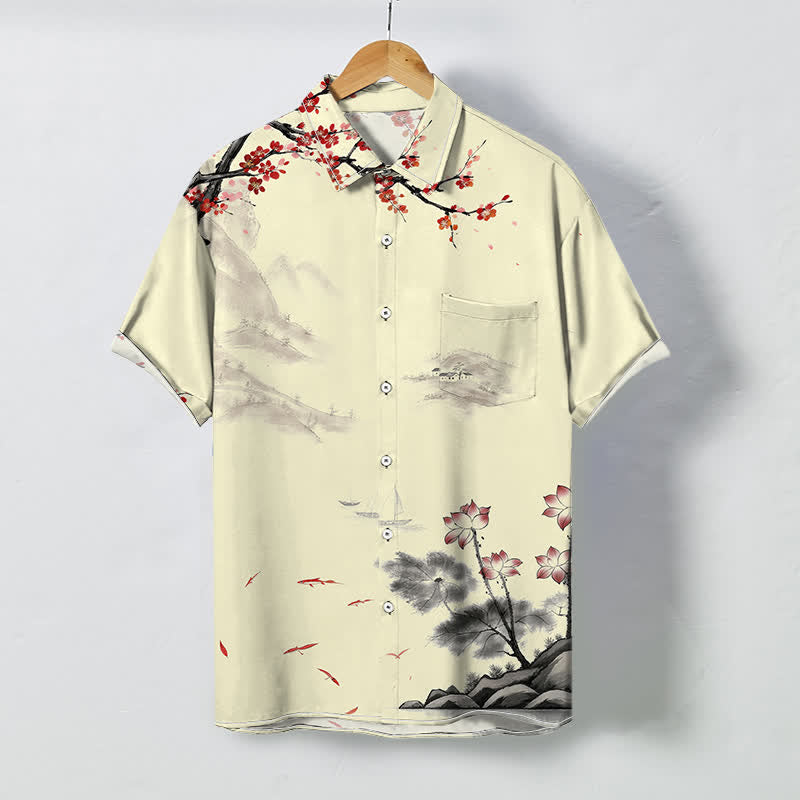 Buddha Stones Chemise à manches courtes respirante pour homme, motif floral rouge et paysage à l'encre - Beige - US/UK/AU48，EU58 (4XL) - image 5