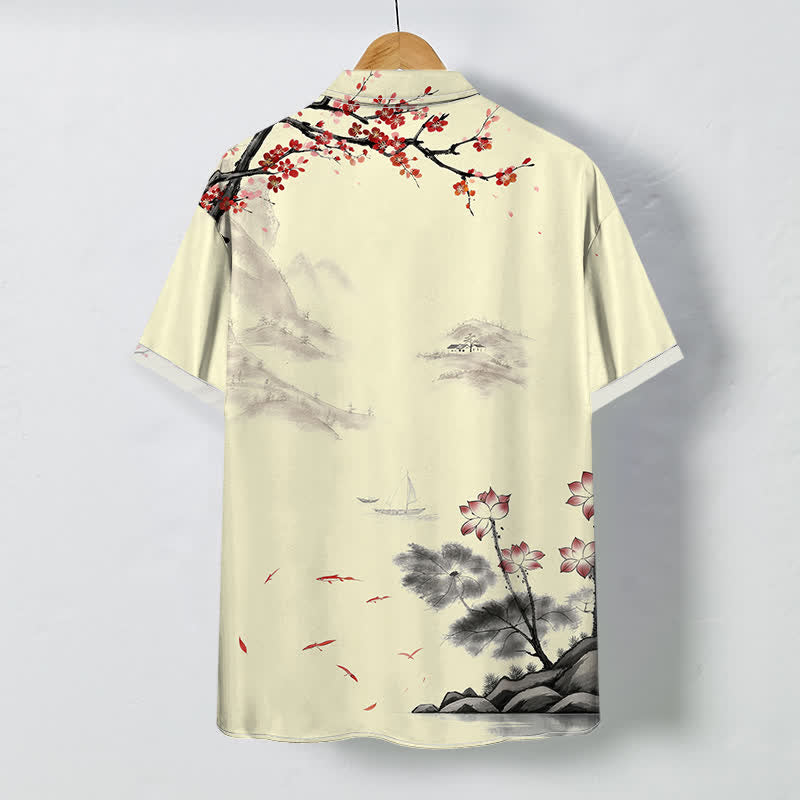 Buddha Stones Chemise à manches courtes respirante pour homme, motif floral rouge et paysage à l'encre - image 6