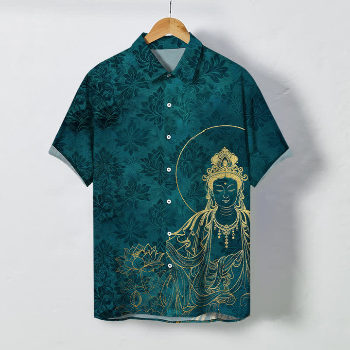 Buddha Stones Chemise à manches courtes pour homme, infroissable, avec boutons à motif botanique vintage de lotus - Sarcelle - US/UK/AU48，EU58 (4XL) - image 5