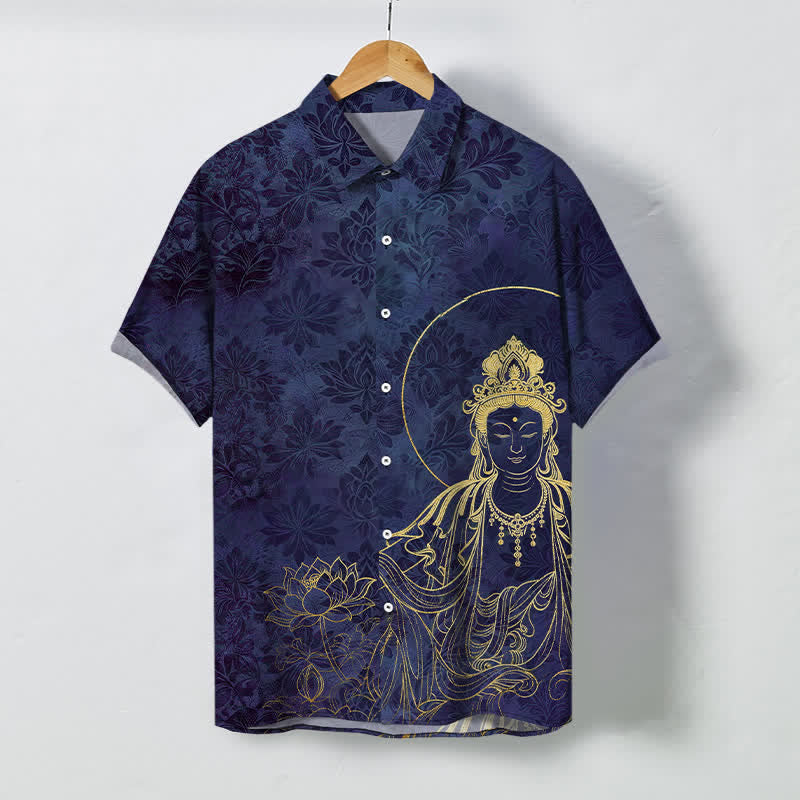 Buddha Stones Chemise à manches courtes pour homme, infroissable, avec boutons à motif botanique vintage de lotus - Bleu ardoise foncé - US/UK/AU48，EU58 (4XL) - image 7