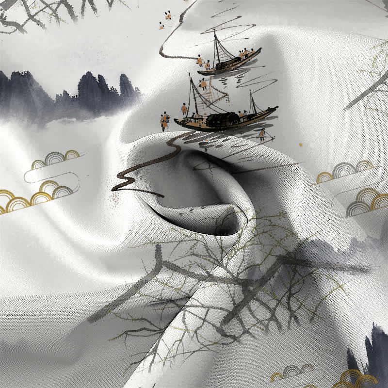 Buddha Stones Chemise à manches courtes respirante pour homme, motif bateau de montagne et paysage à l'encre - image 4