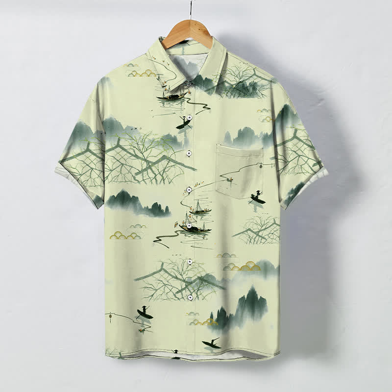 Buddha Stones Chemise à manches courtes respirante pour homme, motif bateau de montagne et paysage à l'encre - Beige - US/UK/AU48，EU58 (4XL) - image 5