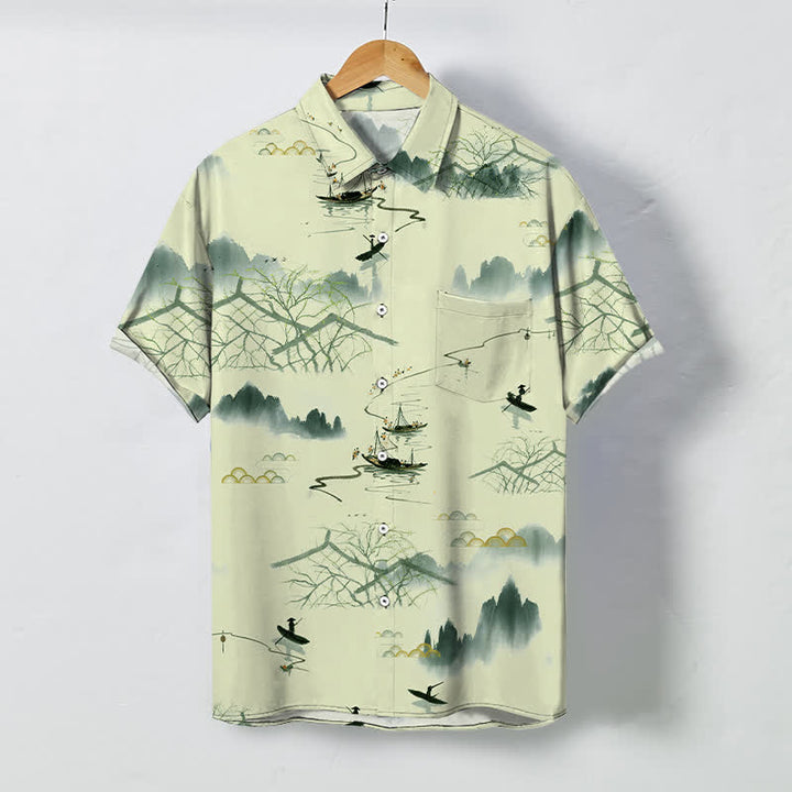 Buddha Stones Chemise à manches courtes respirante pour homme, motif bateau de montagne et paysage à l'encre - Beige - US/UK/AU48，EU58 (4XL) - image 5