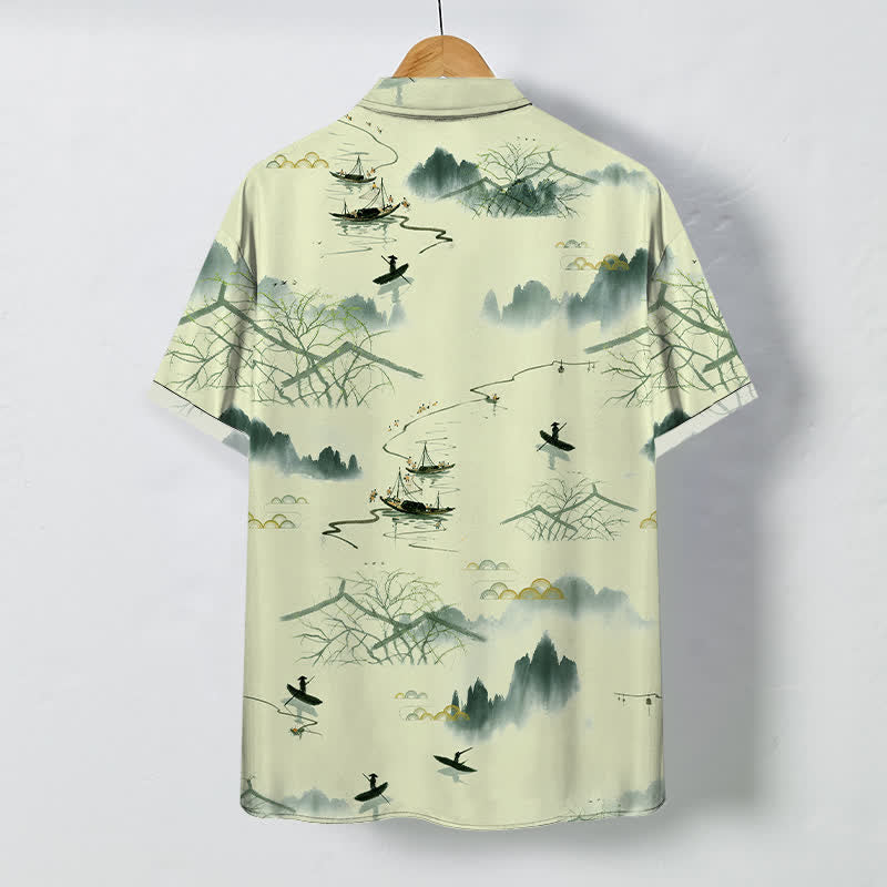 Buddha Stones Chemise à manches courtes respirante pour homme, motif bateau de montagne et paysage à l'encre - image 6