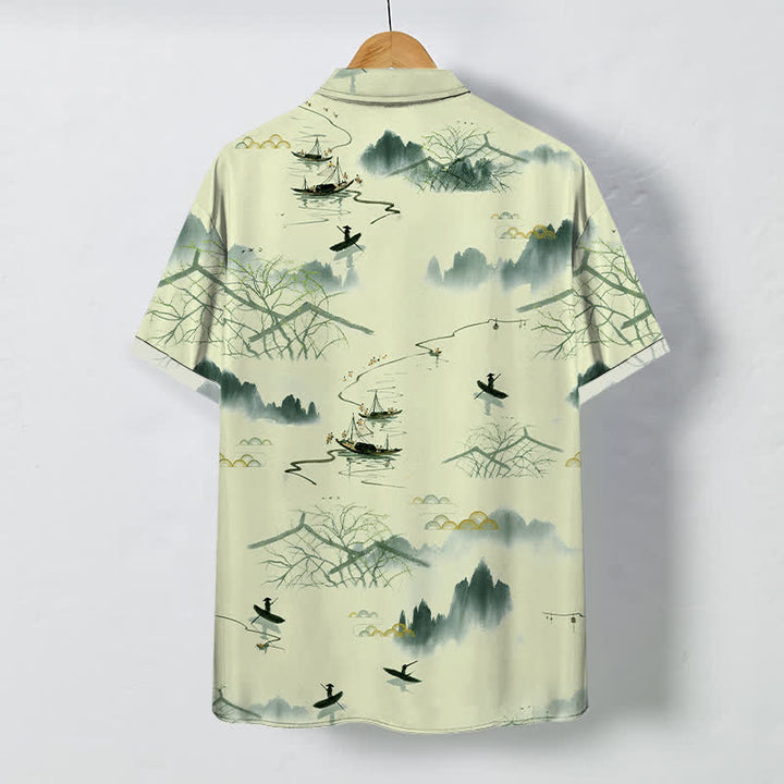 Buddha Stones Chemise à manches courtes respirante pour homme, motif bateau de montagne et paysage à l'encre - image 6
