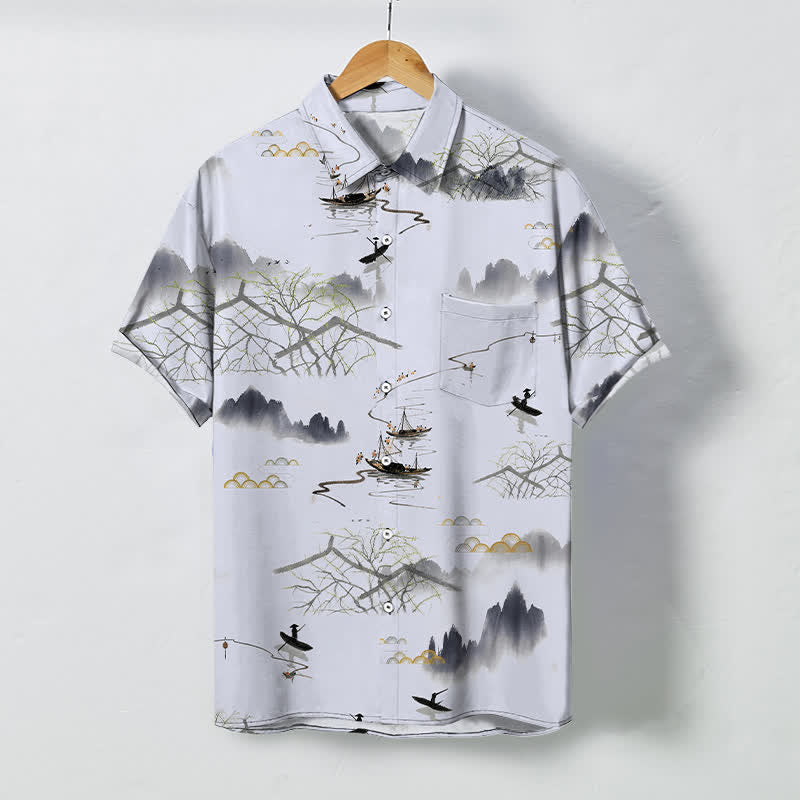 Buddha Stones Chemise à manches courtes respirante pour homme, motif bateau de montagne et paysage à l'encre - WhiteSmoke - US/UK/AU48，EU58 (4XL) - image 7