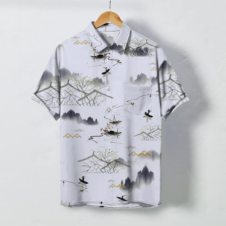 Buddha Stones Chemise à manches courtes respirante pour homme, motif bateau de montagne et paysage à l'encre - WhiteSmoke - US/UK/AU48，EU58 (4XL) - image 7