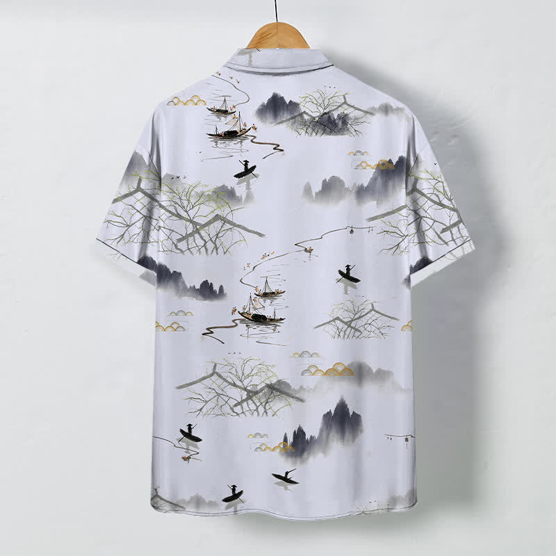 Buddha Stones Chemise à manches courtes respirante pour homme, motif bateau de montagne et paysage à l'encre - image 8