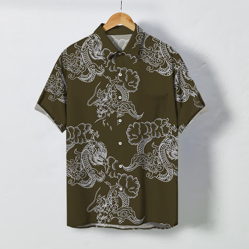 Buddha Stones Chemise à manches courtes respirante pour homme, à boutons et à motif floral vintage - Vert olive foncé - US/UK/AU48，EU58 (4XL) - image 5