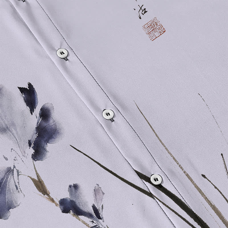 Buddha Stones Chemise à manches courtes respirante pour homme, ornée de boutons à motif de calligraphie florale à l'encre - image 3