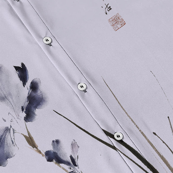 Buddha Stones Chemise à manches courtes respirante pour homme, ornée de boutons à motif de calligraphie florale à l'encre - image 3