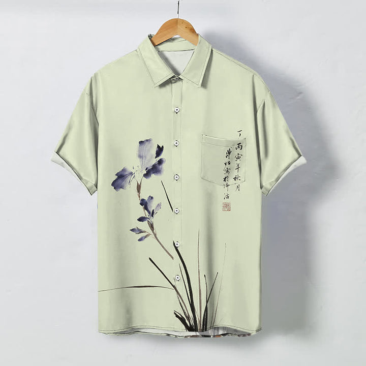 Buddha Stones Chemise à manches courtes respirante pour homme, ornée de boutons à motif de calligraphie florale à l'encre - Vert pâle - US/UK/AU48，EU58 (4XL) - image 5